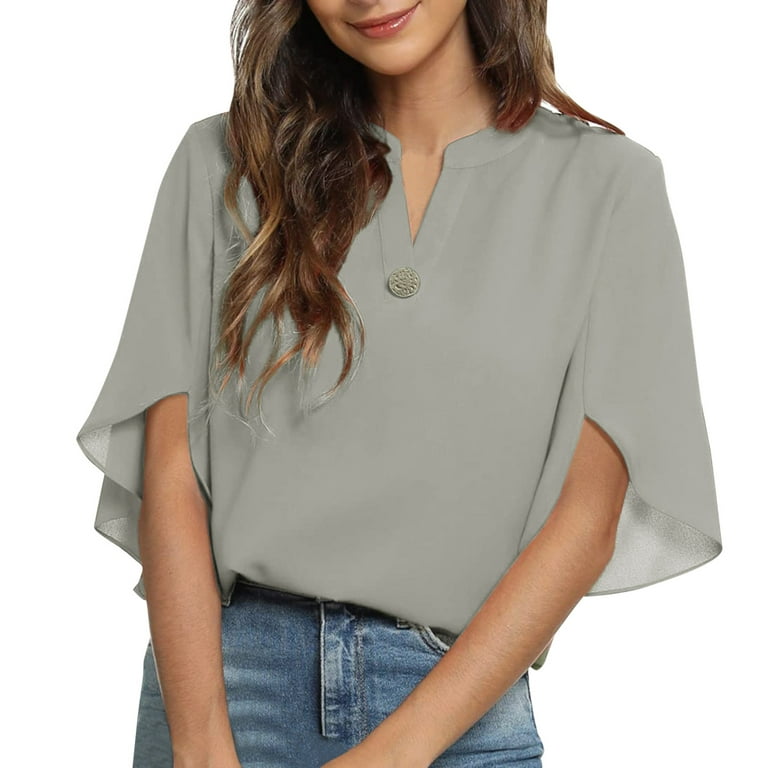 JeashCHAT Short Sleeve Shirts for Women Clearance Women's Long Sleeve Mesh  Solid Color Drawstring V-Neck Cropped Top Blouse