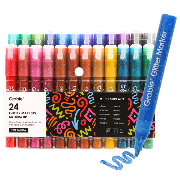 Grabie 24 Glitter Metallic Markers, Medium Tip Glitter Acrylic Paint Markers, Quick-Drying Water-based Ink Glitter Pens for Adults, DIY Crafts Making, Set of 24