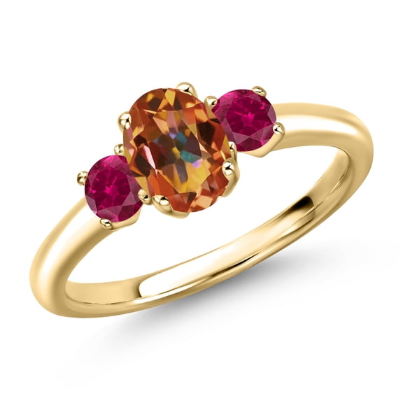 Gem Stone King 10K Yellow Gold Ecstasy Mystic Topaz and Red Created Ruby Engagement Ring for Women | 1.50 Cttw | Oval 7X5MM | Gemstone November Birthstone | Size 7
