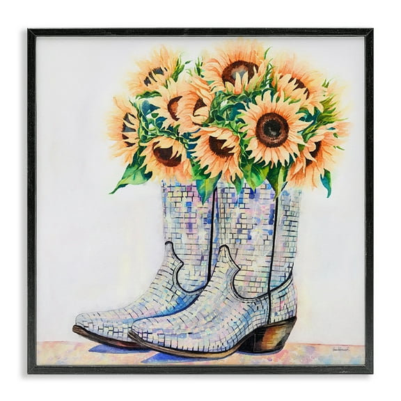 Stupell Industries Sunflower Filled Cowgirl Boots Floral Painting Black Framed Art Print Wall Art, 12 x 12