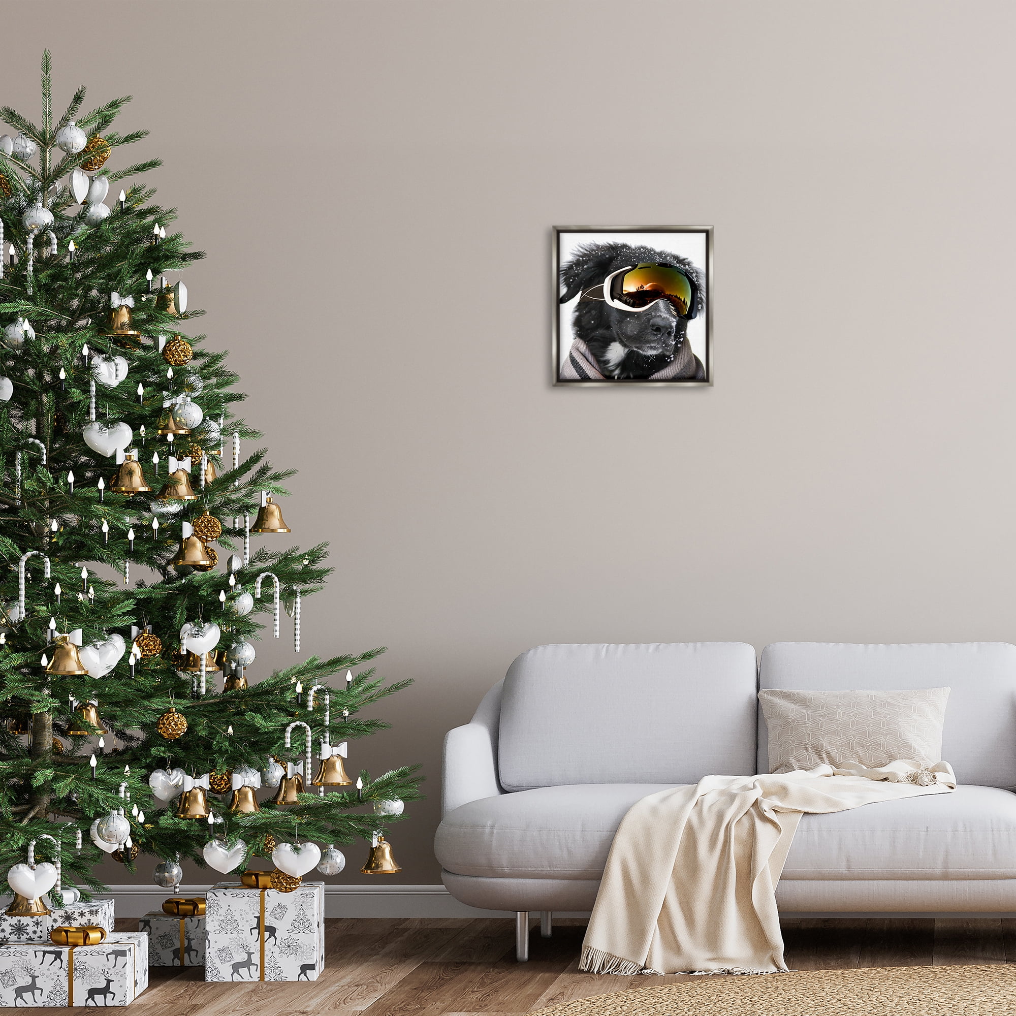 Stupell Industries Snowboarder Dog with Goggles Animals & Insects Painting Gray Floater Framed Canvas Art Print Wall Art, 18 x 18