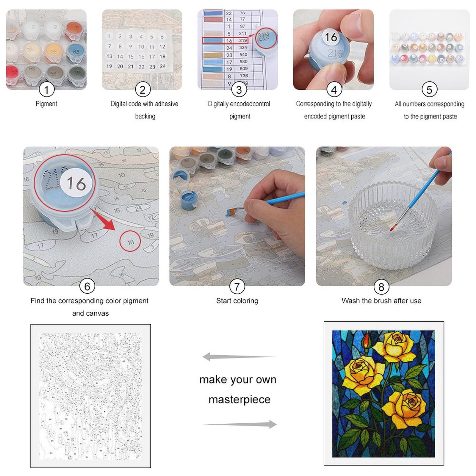 Paint By Numbers Kit for Adults Beginner - DIY Stained Glass Yellow Roses Art Canvas Painting Kits for Adults, Frameless Paint By Number for Adults for Home Wall Decor 16x20 Inch
