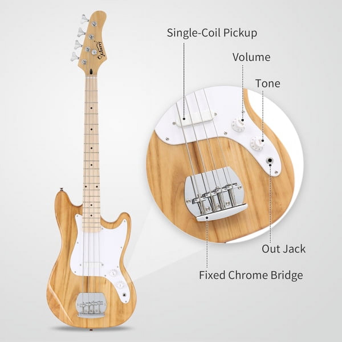4 String 30in Short Scale Thin Body GB Bass Guitar with Bag Strap Connector Wrench Tool Burlywood