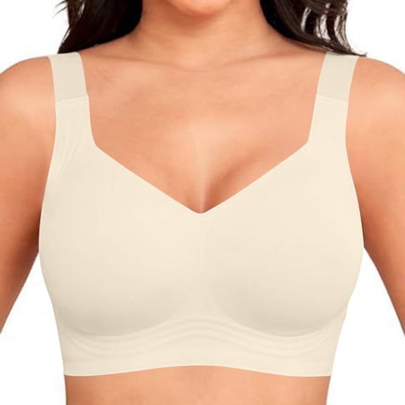 Seamless Wireless Bra for Women V Neck Soft Stretchy Full Coverage Pullover Bralette No Underwire Wide Straps Comfortable Everyday Wear Breathable Lightweight Beige L