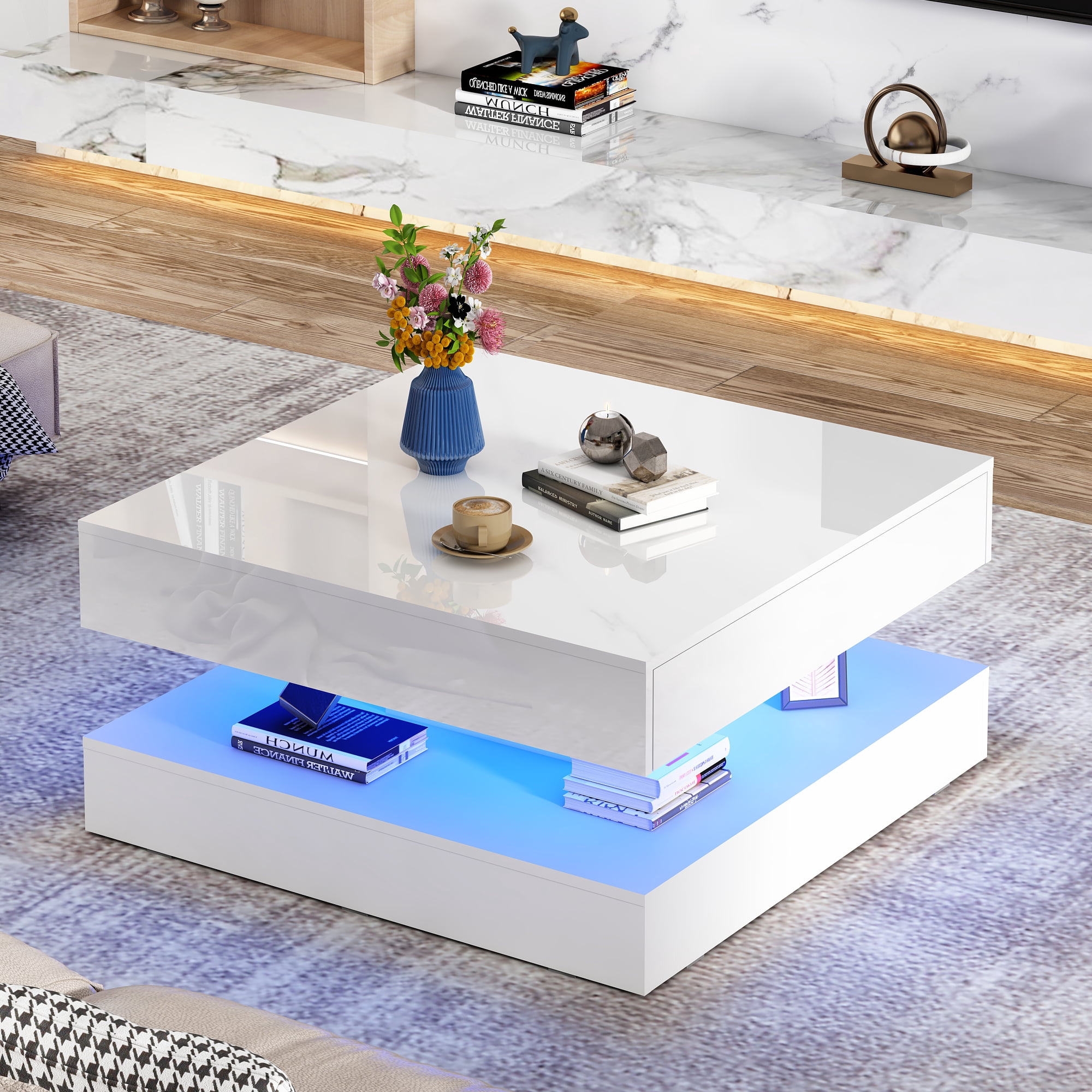 ChVans 34" LED Square Coffee Table with 2 Drawers, 2-Tier White High Glossy Coffee Table with Led lights & Storage Drawer, Modern Living Room Tables