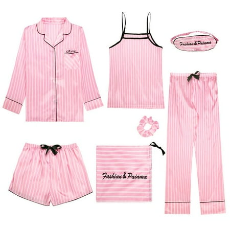 

DanceeMangoo Spring Summer Autumn 7 Pcs Silk Pajamas Women Home Clothes stripe Shorts Long Sleeve Top Elastic Waist Pants Lounge Sleepwear