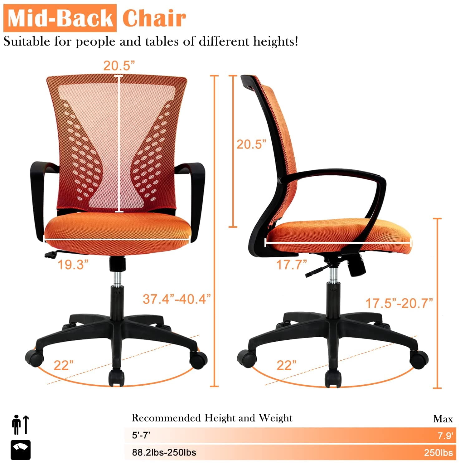 Mesh Office Chair Ergonomic Desk Chair w/Comfortable Seat Lumbar Support, Adjustable Mid Back Rolling Task Computer Chairs for Adults, Orange