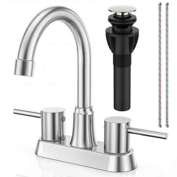 GPED Bathroom Faucets for Sink 3 Hole, 4 Inch Sink Faucet W/ Pop Up Drain and 2 Supply Hoses, Stainless Steel&Lead-Free, 2-Handle Centerset Faucet for Sink Vanity, No-Splashing Design,Brushed Nickel