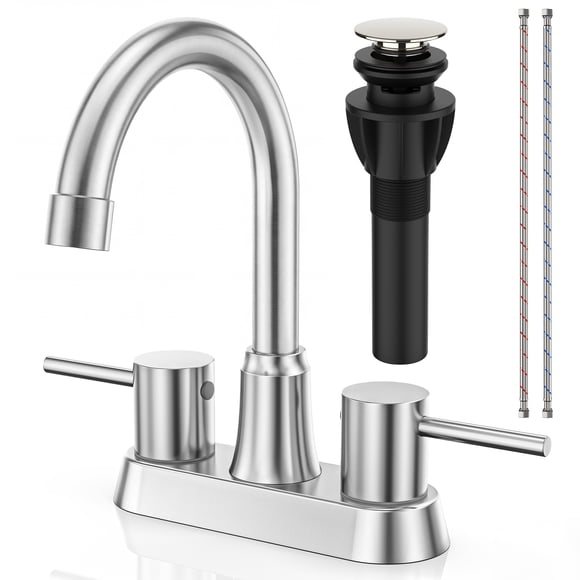 GPED Grifos de Baño para Fregadero de 3 Agujeros, Grifo de Fregadero de 4 Pulgadas con Desague Emergente y 2 Mangueras de Suministro, Acero Inoxidable y sin Plomo, Grifo Central de 2 Manijas para Fre