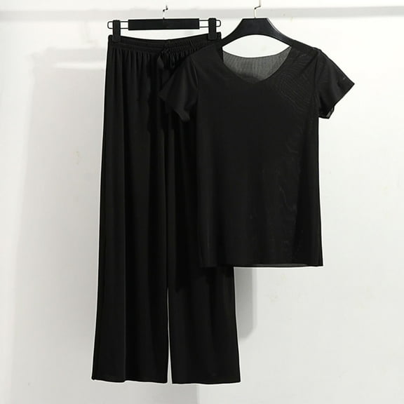 Herrnalise Women 2 Piece Modal Pajamas Sets Summer Short Sleeve Top and Drawstring Pants Soft Solid Color Sleepwear Suit Black