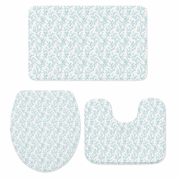 Aqua Spring Floral Bath Mat 3 Piece Bathroom Rug Set, Summer Botanical Watercolor Non Slip Bath Rug Contour Mat and Toilet Lid Cover, Absorbent Shower Mats Soft Bath Rugs and Mats Sets