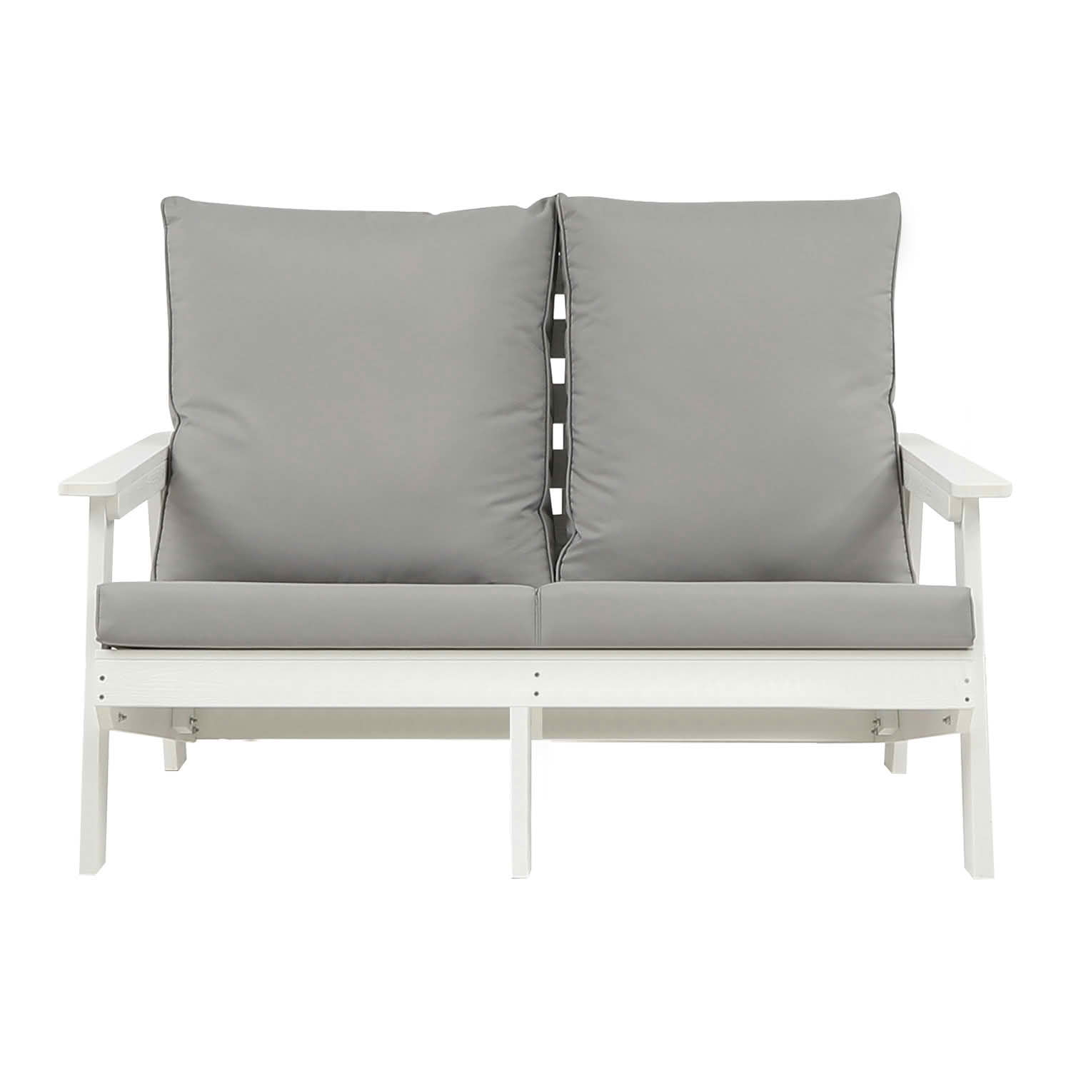 MAYEERTY Wood Grain HIPS Outdoor Loveseat, All Weather 2-Seater Patio Sofa with Soft Cushions for Backyard Pool Terrace