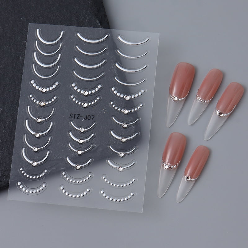 5D Rhinestones Gold Silver French Tips Nail Stickers Retro Wave Simple Line Design Adhesive Slider Nail Art Decoration Decals