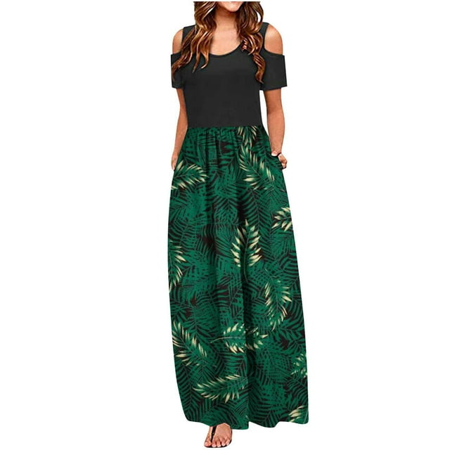 SMihono Robe Maxi Bohème d'Été pour Femmes Grande Taille Mode Décontractée Manches Courtes Épaules Dénudées Imprimé Col Rond Robe de Plage