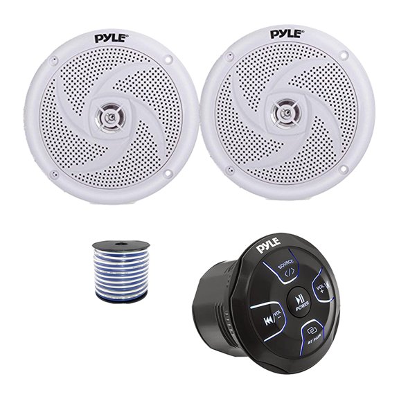 Pyle PLMRBT20 Marine 4-Channel Amplified Wireless Bluetooth Audio Controller, 2x 6.5" 240 Watt Max Power Low Profile 2-Way Marine Speakers (White) w/Wire for Car, Truck, Boat, PowerSport Vehicles