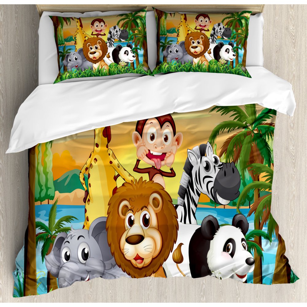 Jungle Leaves Duvet Cover Set King Size, Funny Illustration of a Group