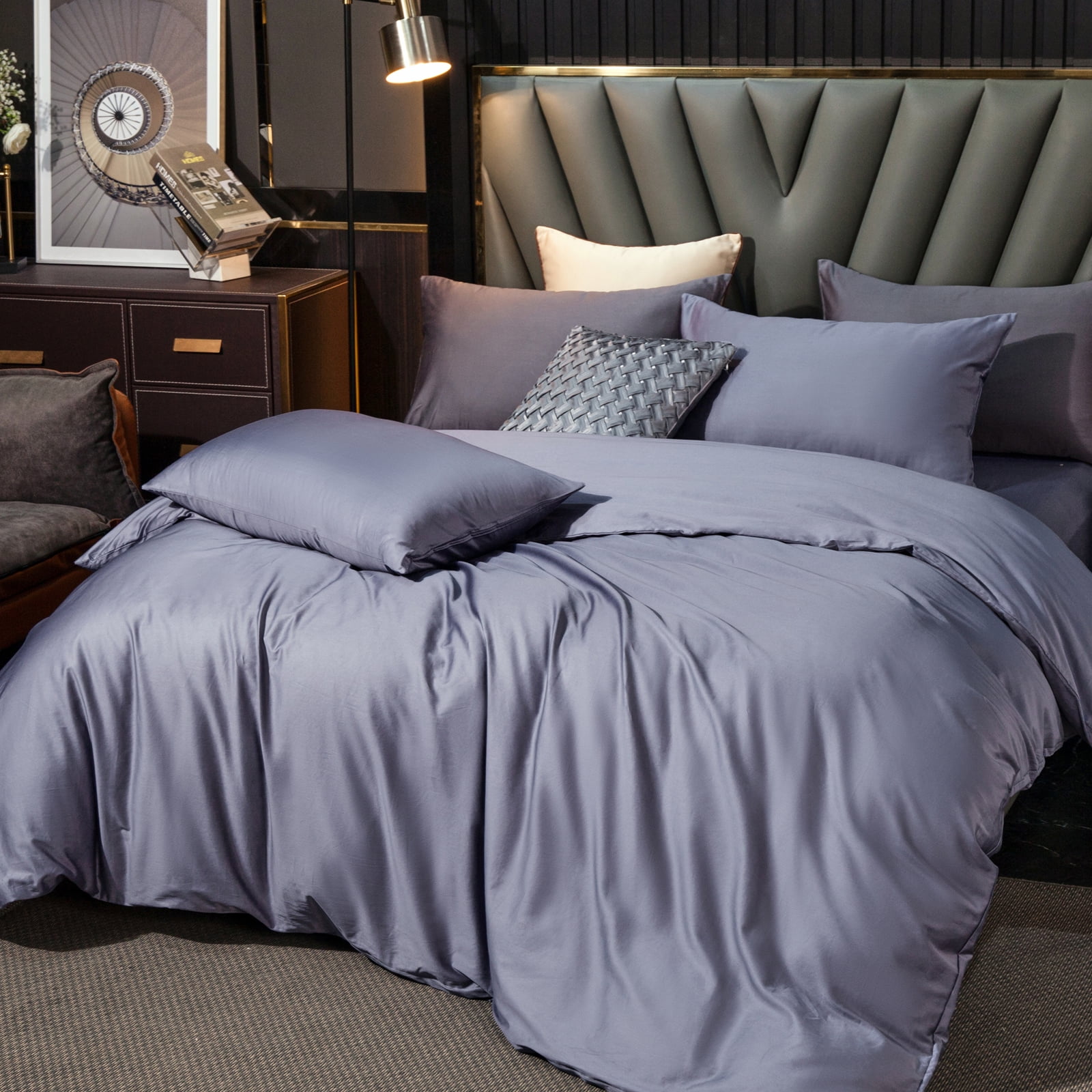 MooMee Duvet Cover Set Queen 600-TC 100% Extra Long-Staple Cotton Sateen Silky Smooth Luxury (Blueish Grey)