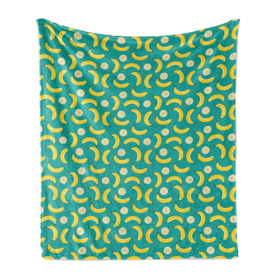Banana Soft Flannel Fleece Throw Blanket, Pattern of Whole and Sliced Fruit Elements Scattered, Cozy Plush for Indoor and Outdoor Use, 60" x 80", Seafoam Mustard, by Ambesonne