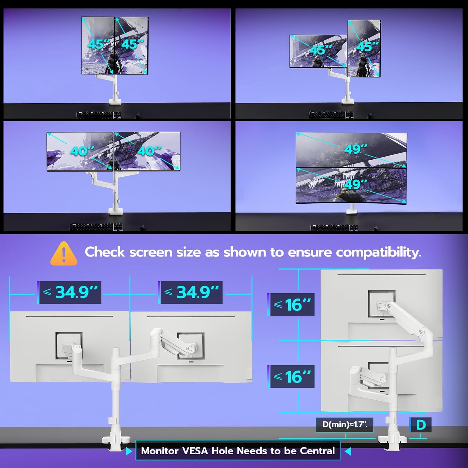 ARES WING Dual Monitor Arm Desk Mount for 17–49" Ultrawide Monitors, Heavy Duty Gas Spring Dual Monitor Mount Holds 44 lbs Each, Vertical Stacked, 75x75/100x100 VESA, White