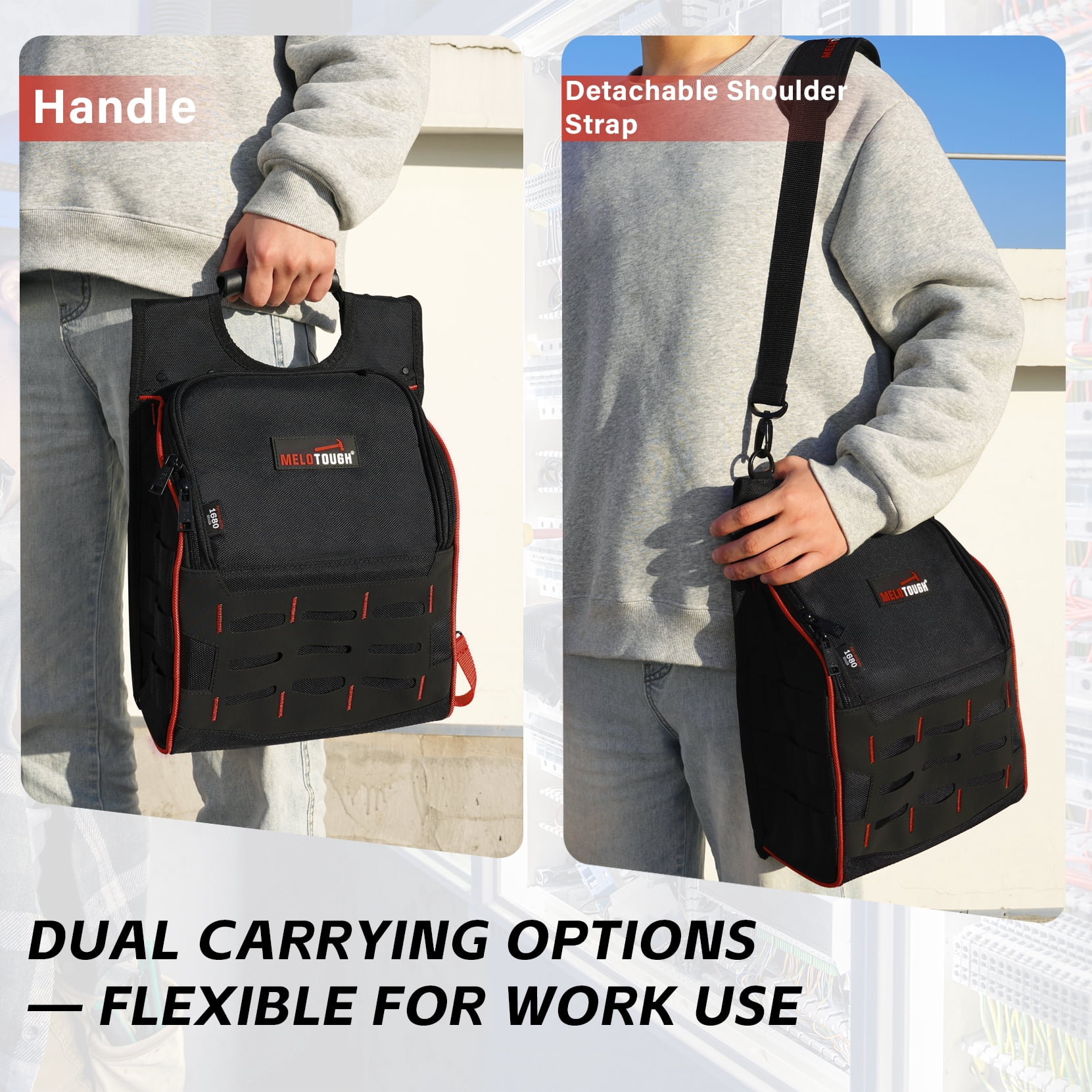 MELOTOUGH Electrician Tool Pouch with Shoulder Strap, Zippered Flip Cover Tool Pouch Bag with Multiple Storage Pockets for Electricians, Technicians, Maintenance