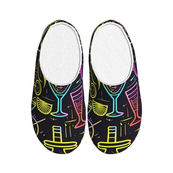 Qokaie Neon Bar Drinks Pattern Women's Memory Foam Cotton House Slippers for Winter - Comfortable,Washable Indoor Bedroom Shoes with Non-Slip TPR Outsoles-35/36