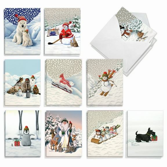 20 Merry Christmas Note Cards with Envelopes (4" x 5.12") - Winter Wonderland Wildlife (10 Designs, 2 Each) AM2913XSG-B2x10