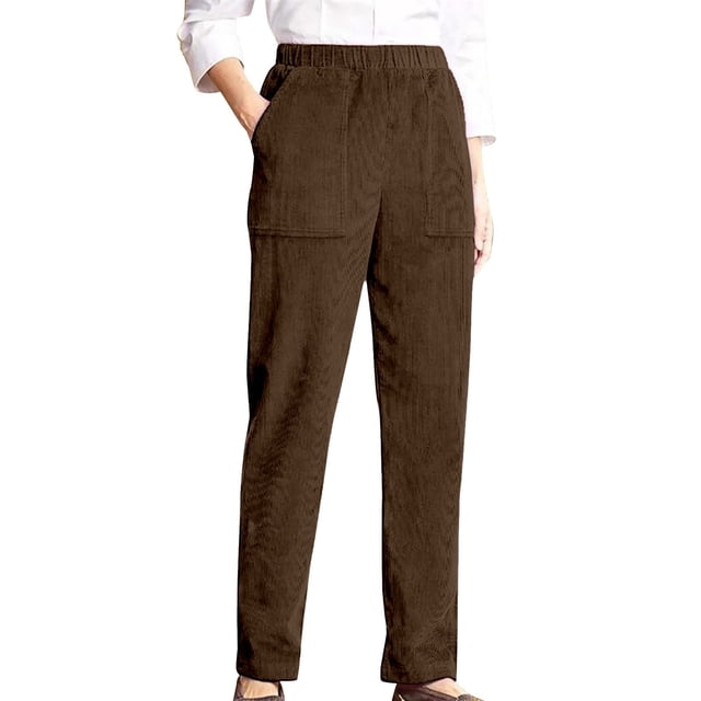 Pantalones vintage de pana de cintura alta para mujer: cintura elástica, pierna recta y ancha, bolsillos, pantalones de trabajo para otoño/invierno