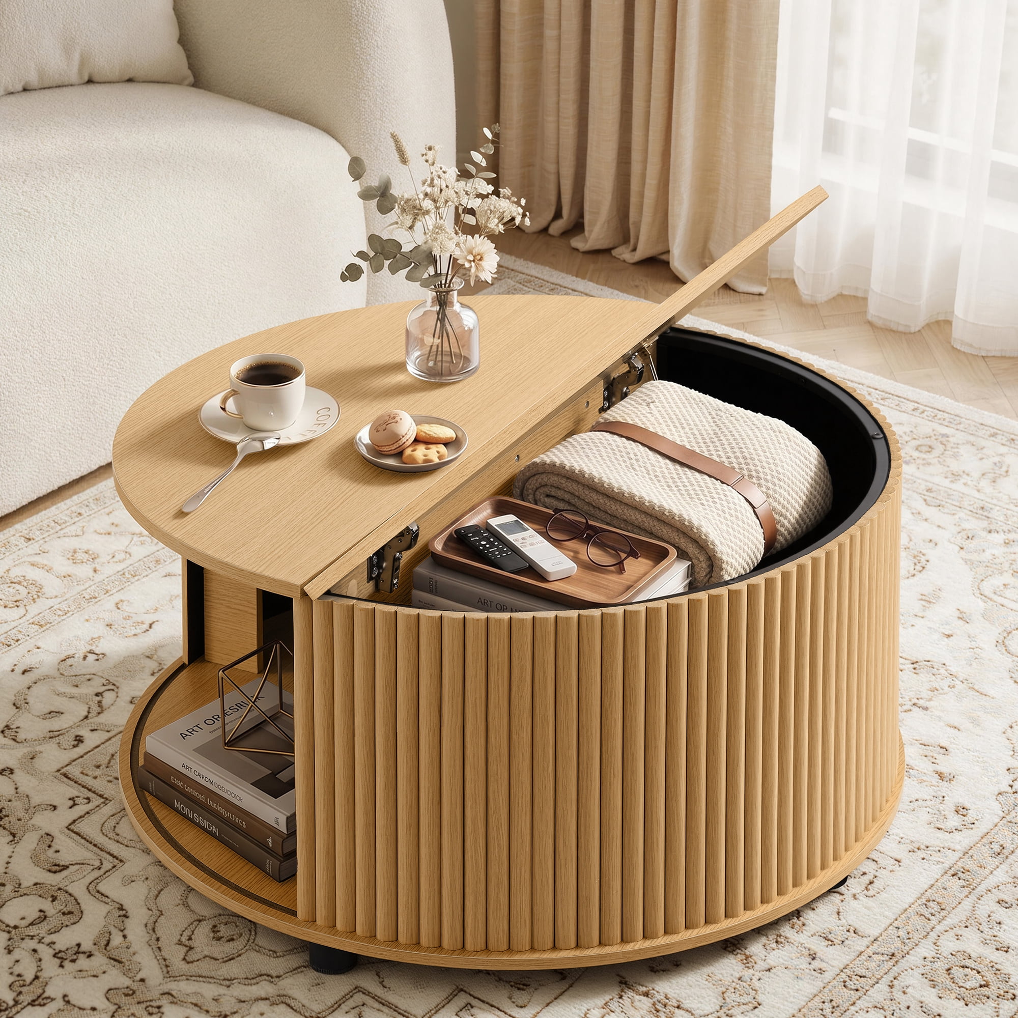 Spruce & Spring 31.5" Round Lift-Top Coffee Table with Storage, Fluted Drum Table with Sliding Door & Curved Pet Opening, Mid-Century Modern Wood Coffee Table for Living Room and Small Spaces, Oak