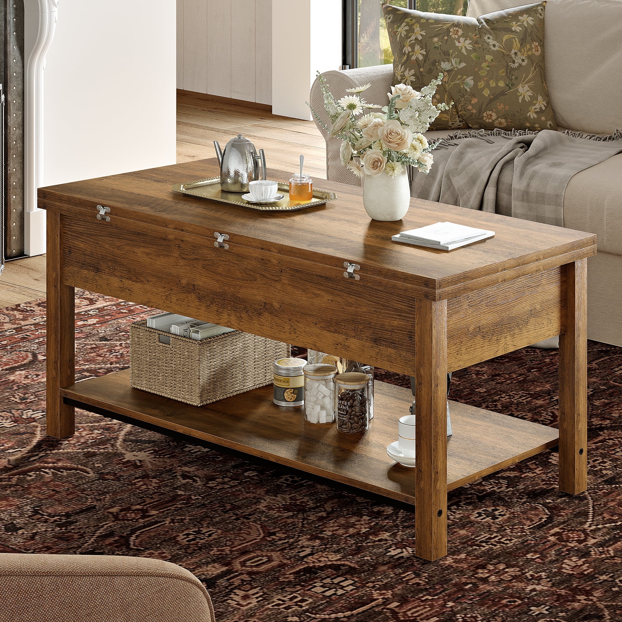 GUNAITO 40.9"Lift Top Coffee Table,4 in 1 Multi-Function Convertible Coffee Table with Hidden Storage Modern Framhouse Coffee Table for Living Room,Light brown