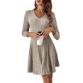 thumbnail image 2 of Robe Courte en Tricot Côtelé à Manches Longues pour Femmes Automne Hiver à Col en V Décontractée Évasée Ligne A Robe Chandail Kaki P, 2 of 9