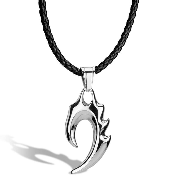 SERASAR Men's Leather necklace "Flame" with Stainless steel Pendant and Magnetic Closure, Silver 60cm, incliding Gift box