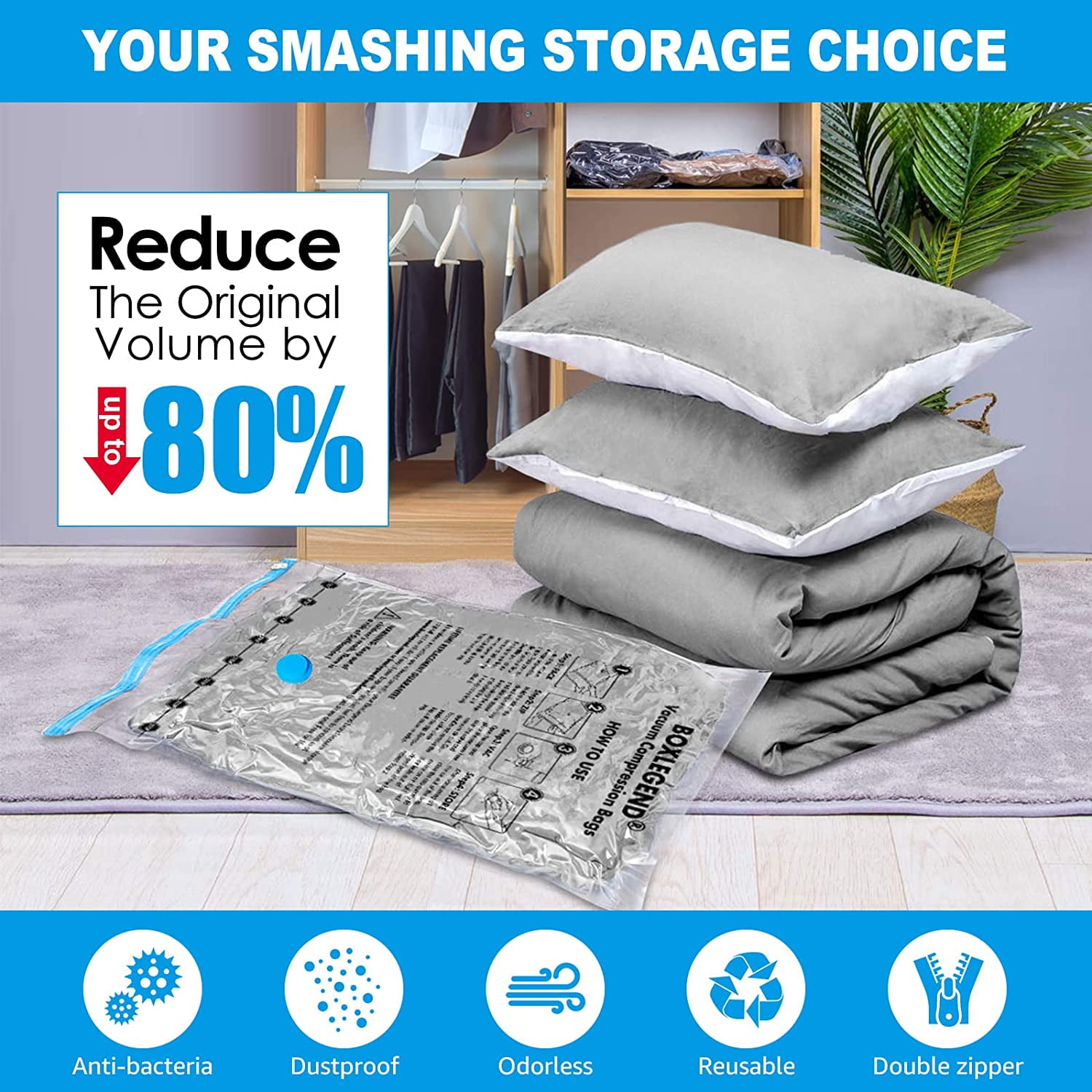 GENIE SPACE - Incredibly Strong Premium Space Saving Vacuum Bags Storage |  Variety 8 Pack (2XL+2L+2M+2S) | Airtight & Reusable | Create 80% more space
