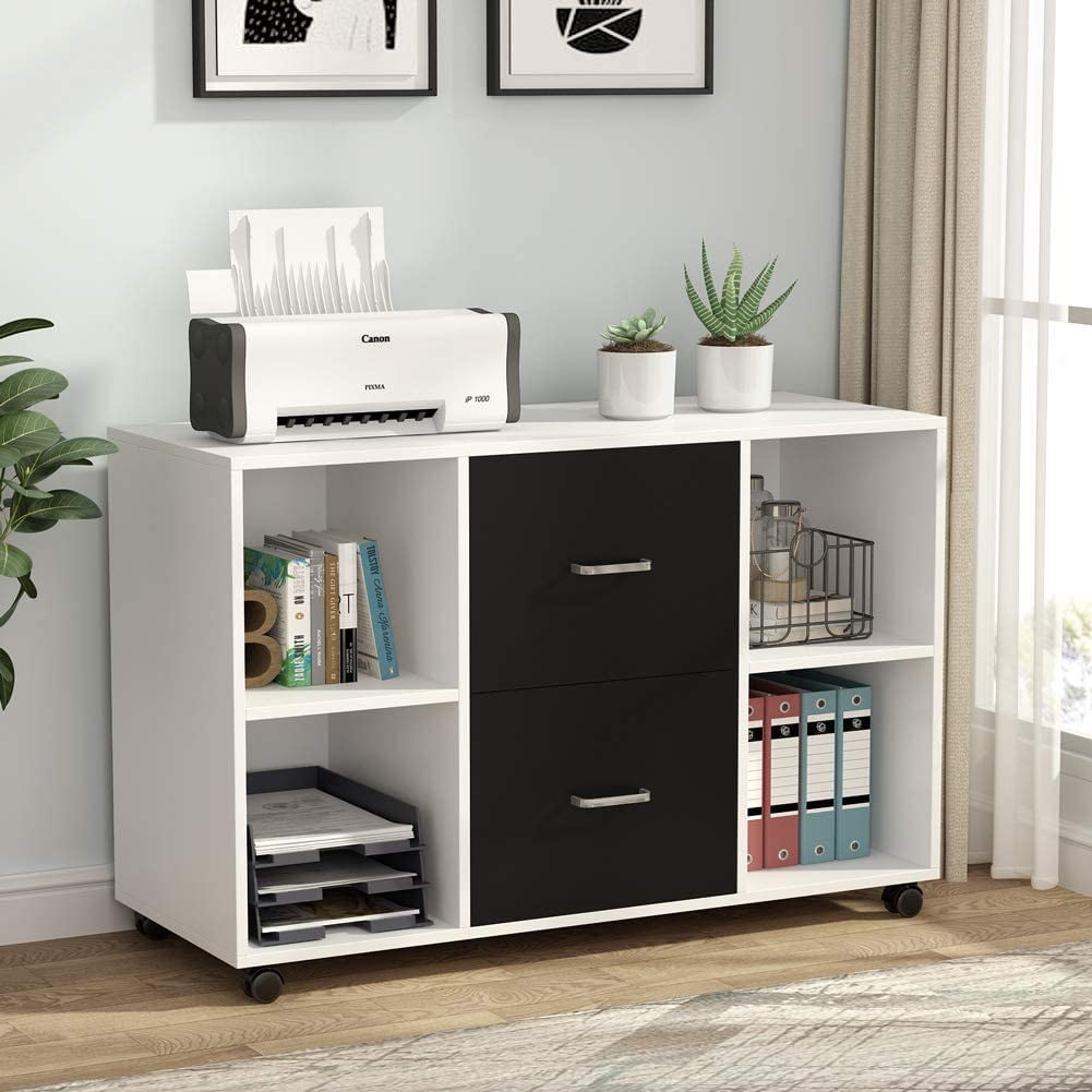 White 2 Door Wood File Cabinet On Wheels Mobile Lateral Storage Cabinet Printer Stand for Home Office 