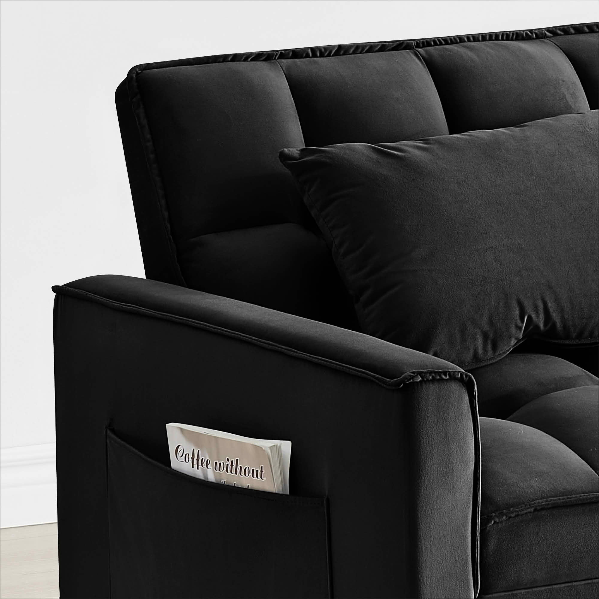 MAYEERTY Black Velvet 3-in-1 Convertible Single Sofa Bed Chair, Multi-Angle Adjustable Back Recliner with Rolled Arms for Small Spaces