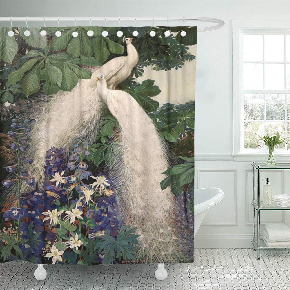 CYNLON Birds Vintage White Peacock Trees Flowers Old Bathroom Decor