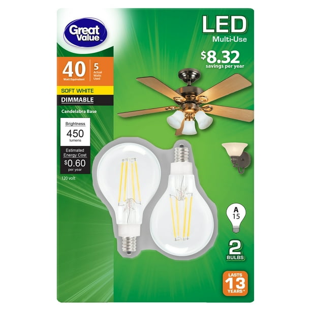 Great Value Led Light Bulb 5 Watts 40w Eqv A15 Ceiling Fan Lamp E12 Base Dimmable 2 Pack Soft White Clear Com - What Light Bulbs For Ceiling Fan Great Value Led Light Bulb 5 Watts 40w Eqv A15 Ceiling Fan Lamp E12 Base Dimmable 2 Pack Soft White Clear Com - What Light Bulbs For Ceiling Fan
