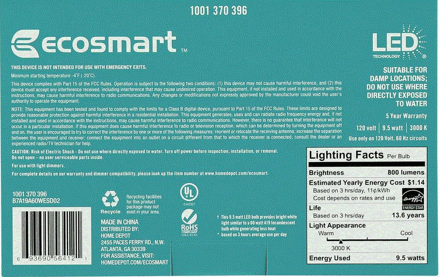 Ecosmart 60-watt Equivalent A19 Dimmable Led Light Bulb Bright White (4 Pack)