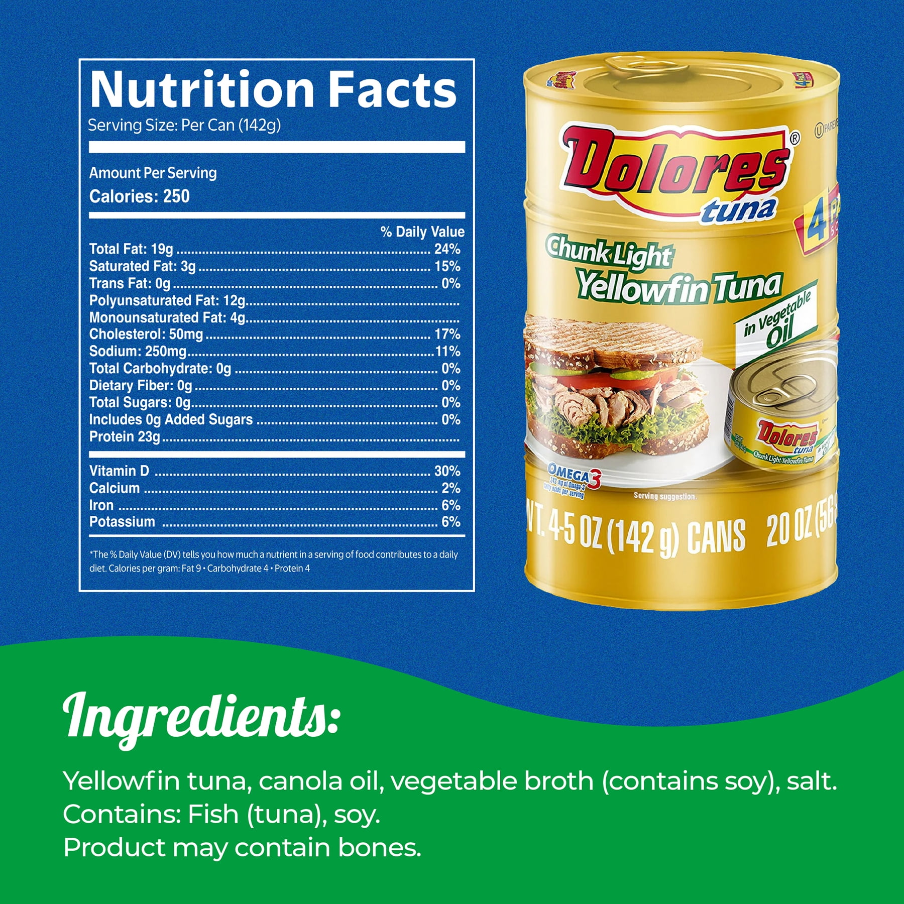 (3 pack) (4 Cans) Dolores® Tuna in Oil, Chunk Light Yellowfin Tuna in Vegetable Oil, 5 oz