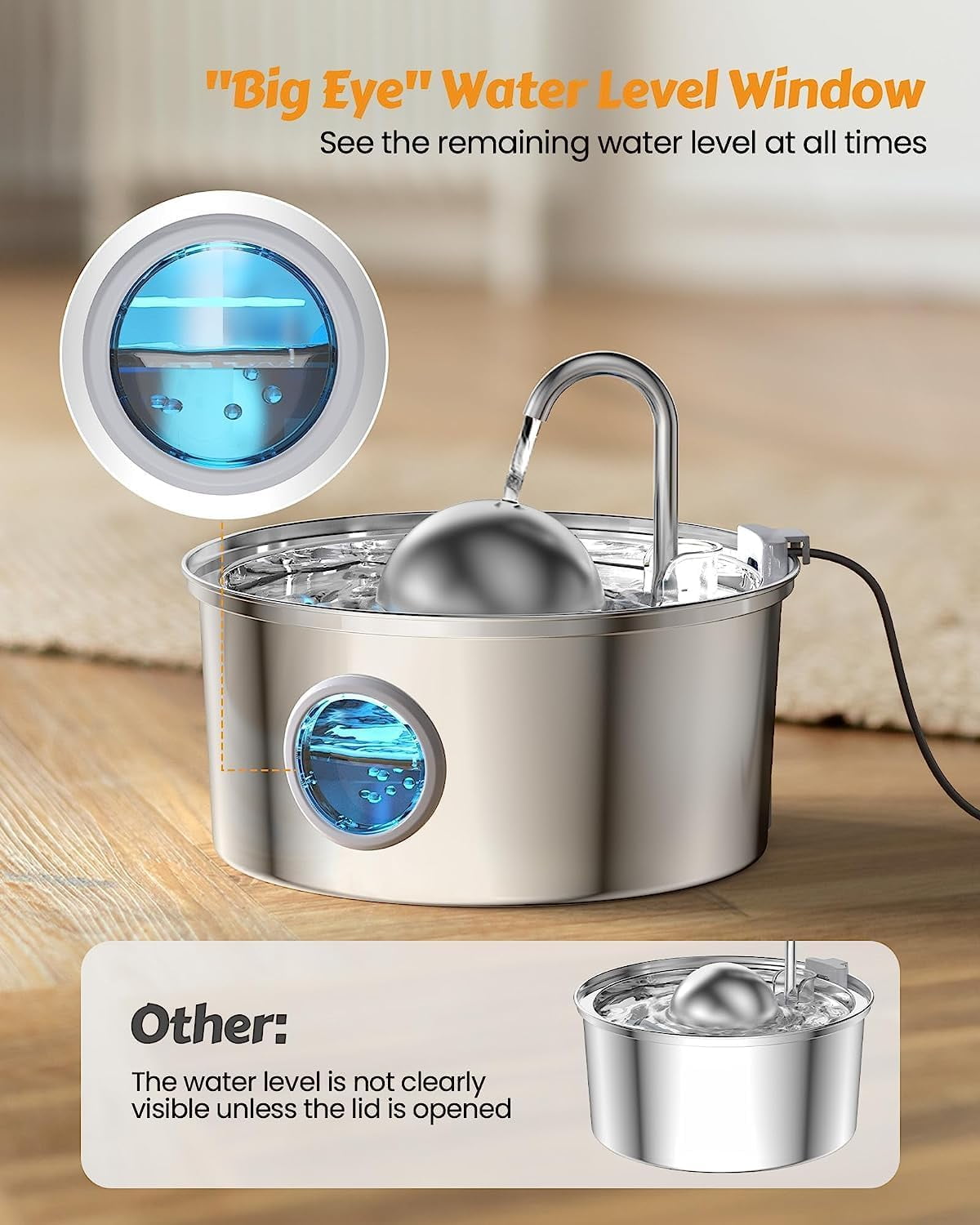 108oz Stainless Steel Cat Fountain with Faucet Design, Multi-Stage Filtration, Water Level Window and Quiet Operation