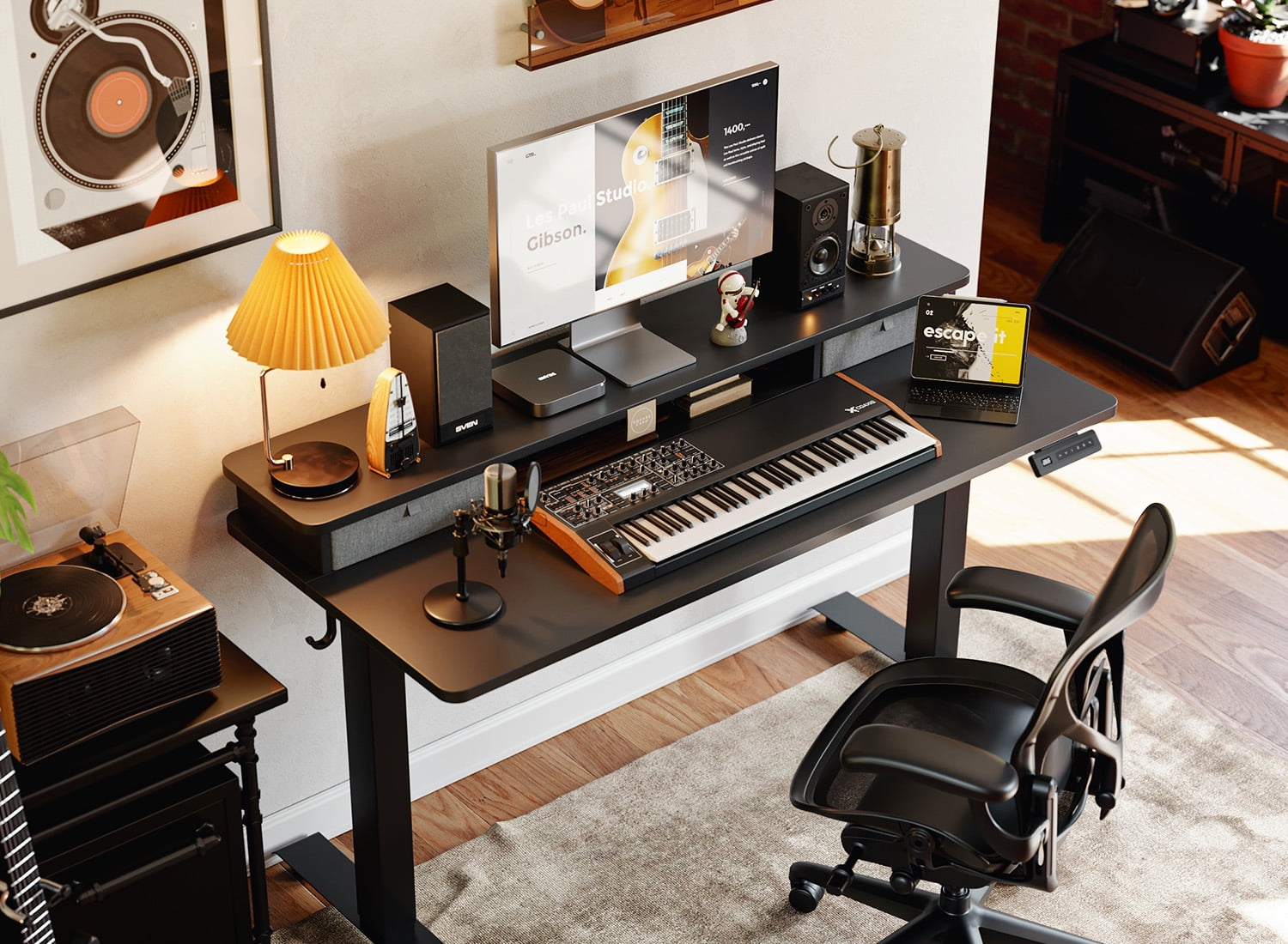 DESINO 63" x 28" Height Adjustable Electric Standing Desk with Double Drawers, Stand Up Desk with Storage Shelf, Home Office Desk Workstation with Splice Board, Black