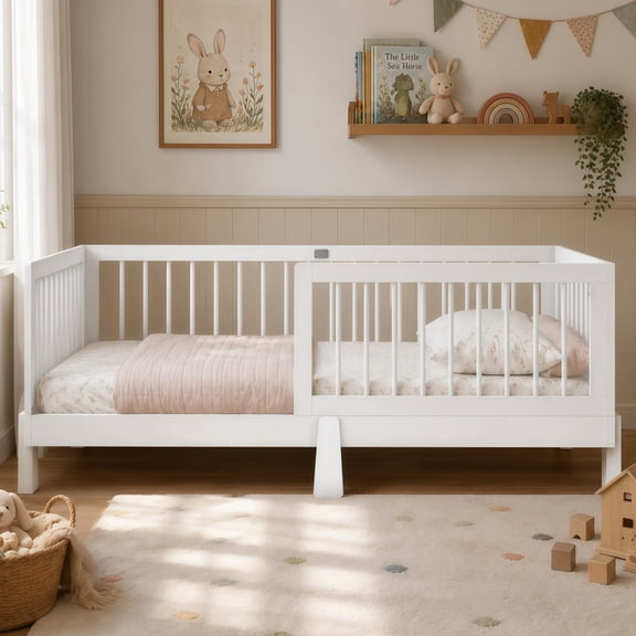 Euroco Wood Twin Size Platform Bed with Guardrails, 3-in-1 Convertible Montessori Daybed to Platform, White