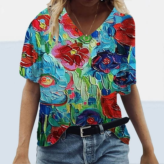 Fengqque 2025 Women's Summer Printed V-Neck Loose Fit Casual T-Shirt