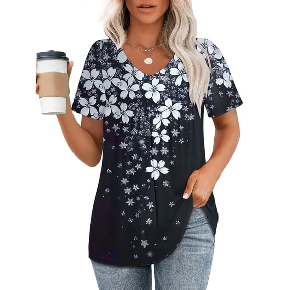 ALLLIST Women's Tops Short Sleeve Going Out Pleated Blouse Floral Casual Black Tunic Ladie's Tops