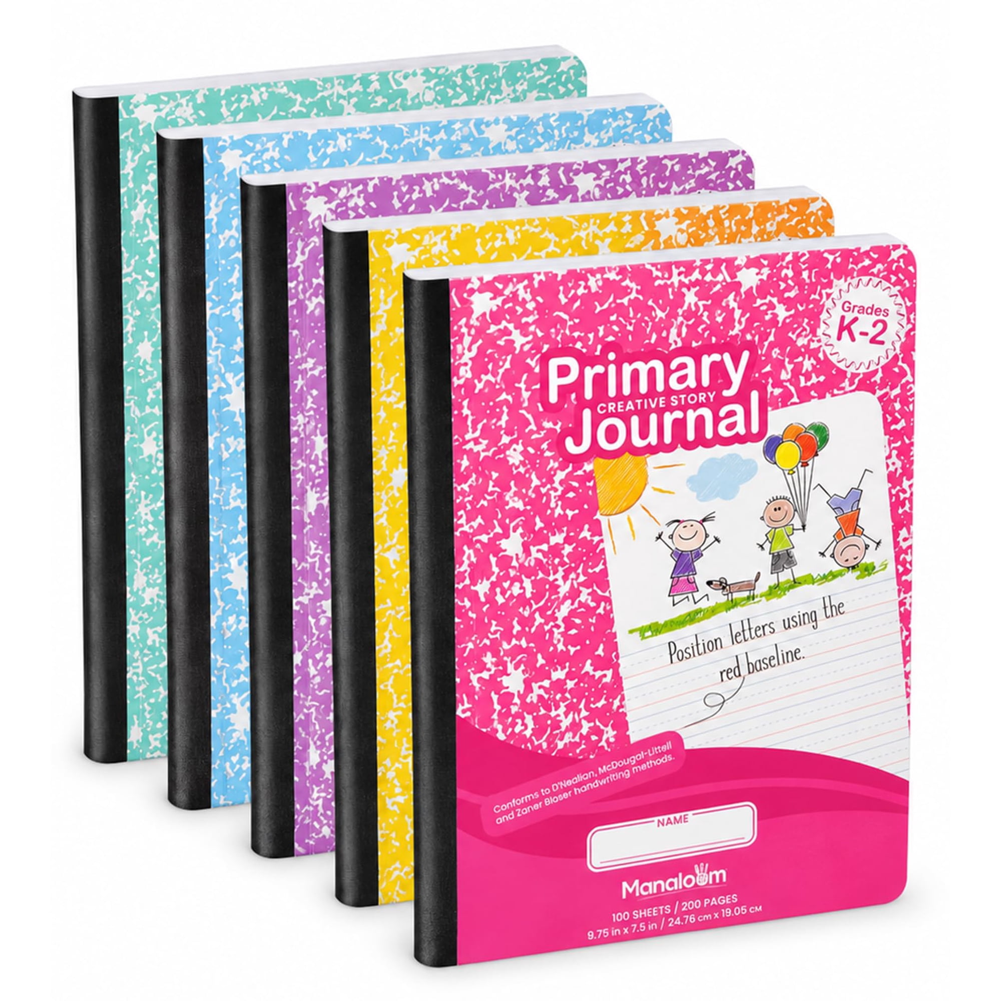 Manaloom Primary Composition Notebook K-2, Primary Journal Grades K-2, 6 Pack, 100 Sheets, 9.75 x 7.5 in
