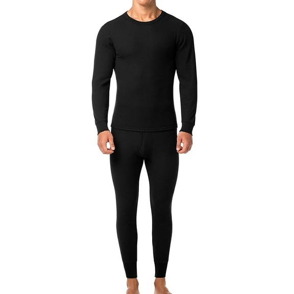 Men's Cotton Blend Waffle Knit Thermal Underwear Stretch Shirt & Pants 2pc Set (Black, S)