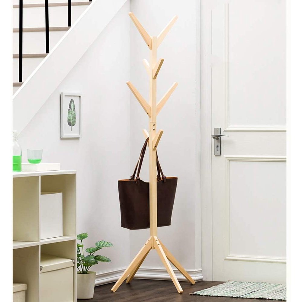 69" Wooden Standing Coat Rack, Hall Hat Tree Hanger Holder with 8 Hooks