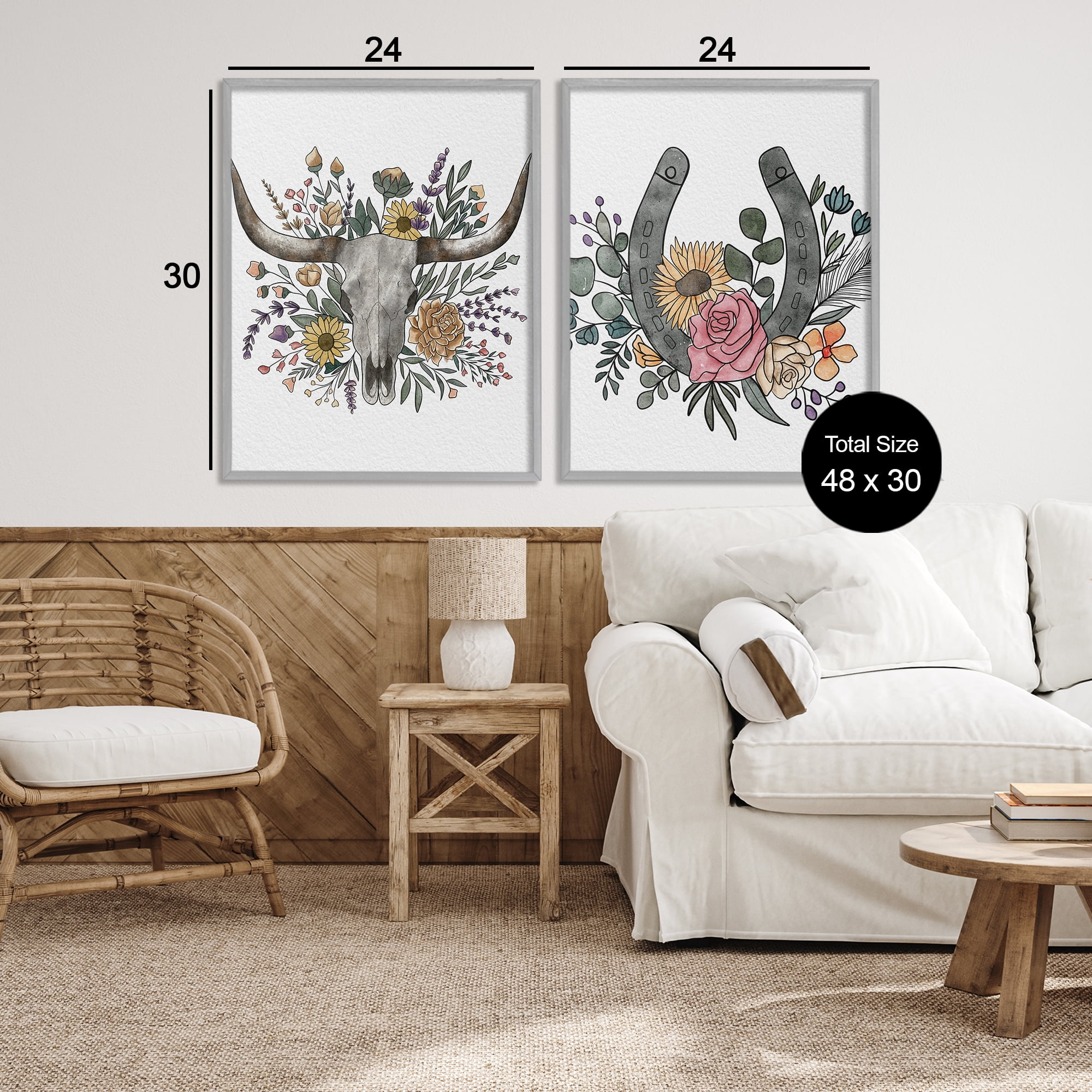 Stupell Industries Boho Longhorn & Horseshoe 2 Piece Gray Framed Giclee Art Set, design by Alisha Kiara Design