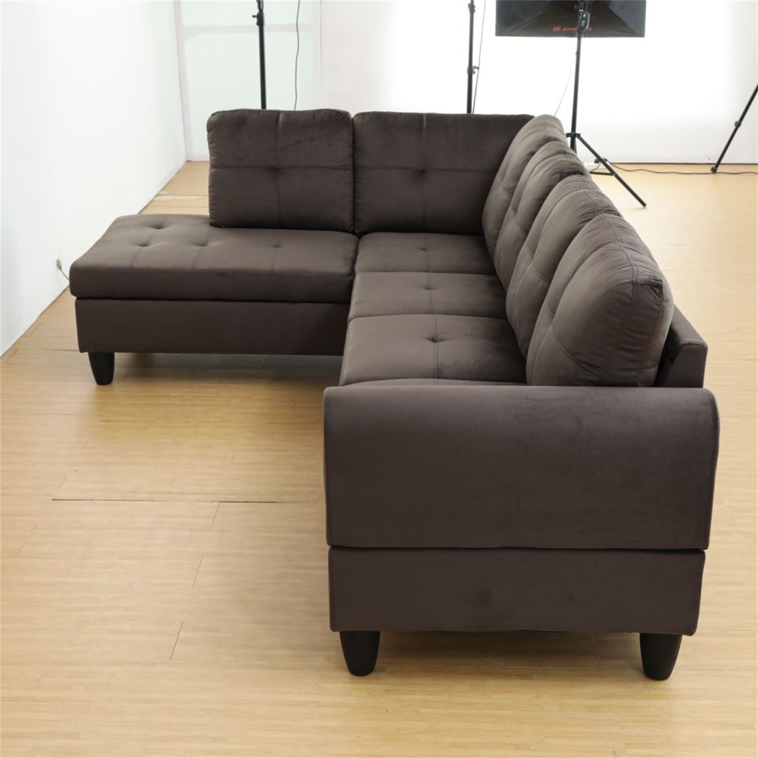 Hommoo Flannel Living Room Furniture Set, L Shaped Couch  Sectional Sofa, 4-Seat Couches and Sofa for Home, Apartment, Dorm, Dark Brown(No Ottoman)