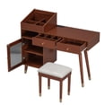 thumbnail image 4 of MODERNLUXE Makeup Vanity Desk with Stool, Vanity Table with Cabinet,2 Drawers,Charging Station and Open Storage Shelves,Dressing Table Set for Small Places,Walnut, 4 of 8