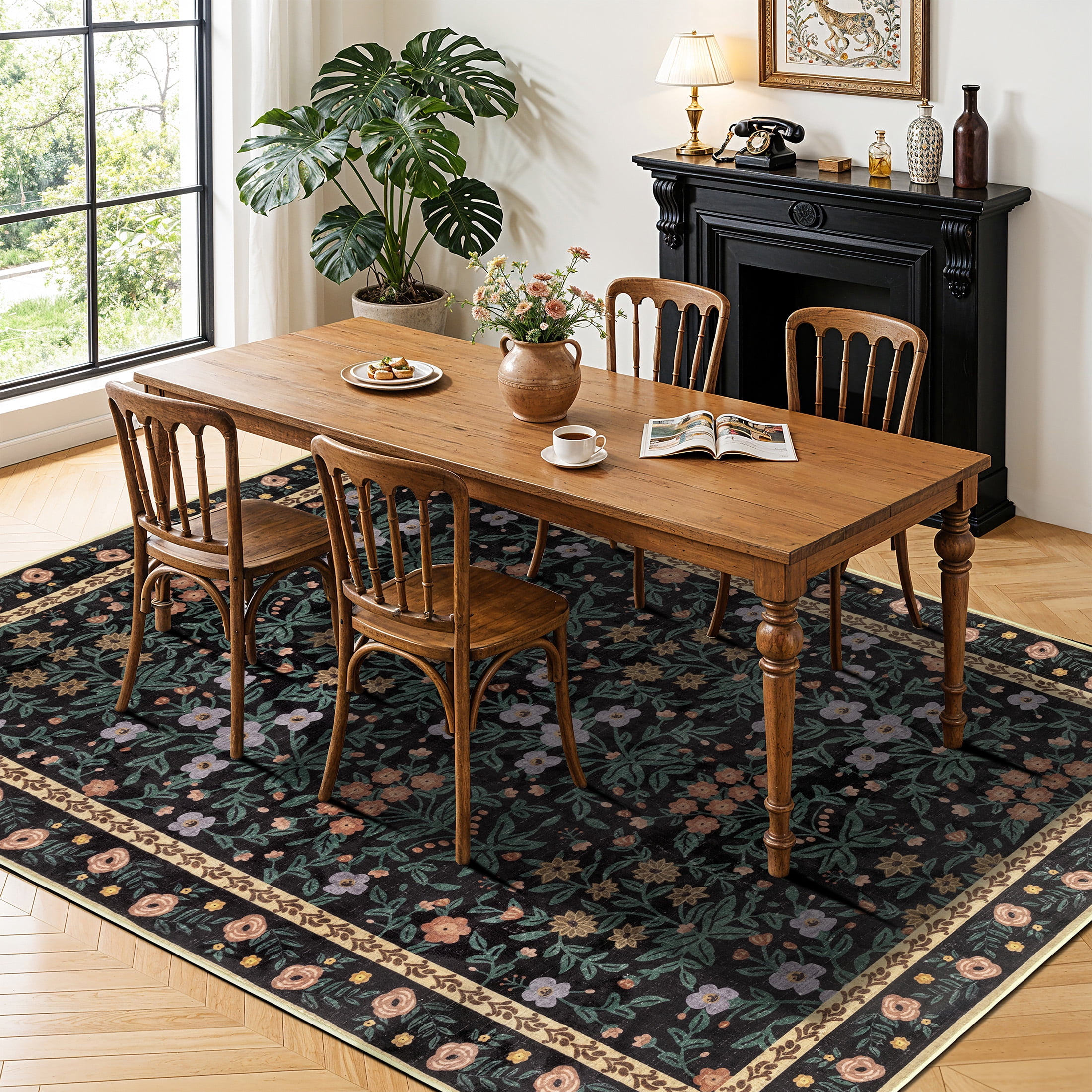 SORONO KATE 4'x6' Floral Area Rugs for Living Room, Machine Washable Oriental Vintage Distressed Non Slip Soft Indoor Area Carpet, Black/Green